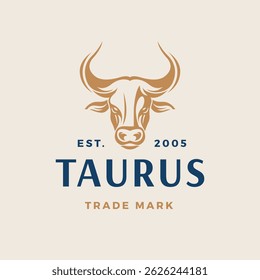 Projeto da cabeça de touro. Abstrato cabeça de touro estilizado com chifres ícone. Logotipo para churrascaria, restaurante de carne ou talho. Símbolo tauro. Ilustração vetorial.
