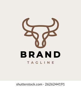Projeto da cabeça de touro. Abstrato cabeça de touro estilizado com chifres ícone. Logotipo para churrascaria, restaurante de carne ou talho. Símbolo tauro. Ilustração vetorial.
