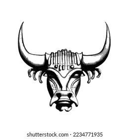 Bull head. Doodle sketch. Vector illustration. Isolated on white background.