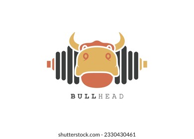 Bull Head and Dumbbell vector logo design. Animal nature icon concept. Bull head vector design on white background, Farm, strong and livestock logo design.