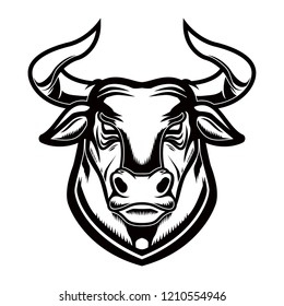 Bull head in engraving style. Design element for logo, label, emblem, sign, poster. Vector image