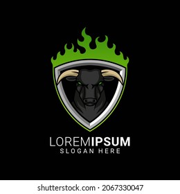 bull head face with shield and fire illustration for esports logo design vector