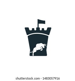 Bull head and fort vector logo design. Bull and castle icon vector logo. Security logo concept design.