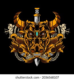 bull head graphic design with angel and sword.eps 10