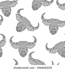 Bull head. Hand drawing ornament. Vector seamless linear pattern on a white background. 