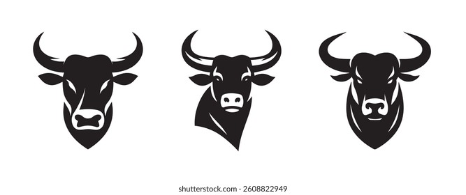 Bull head horn silhouette logo icon isolated on white background, bundle set
