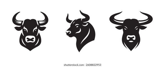Bull head horn silhouette logo icon isolated on white background, bundle set