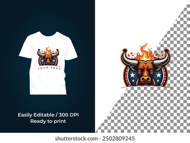A bull head with horns in a circle with flames around it, Bull mascot vector design with tshirt design vector