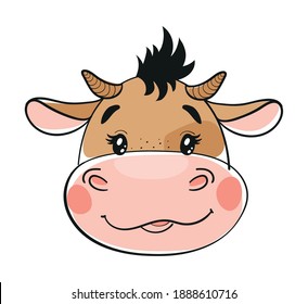 Bull Head With Horns, Flat Cartoon Design. Cute Baby Cow, Farm Animal, Funny Wild Animal Face. Vector Illustration Isolated On White Background.