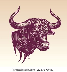 Bull head with horns. Hand drawn vintage engraving style woodcut vector illustration Eps 10