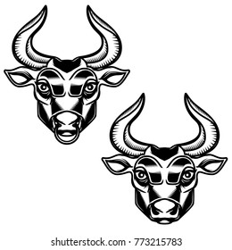 Bull head illustration isolated on white background. Design element for emblem, sign, poster, label. Vector illustration