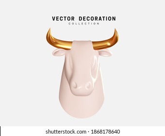 Bull head isolated 3d icon and logo. Realistic glass porcelain head of a cow or ox. Vector illustration