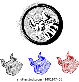 Bull head isolated on white background. Vector element for logo, emblem, poster, t-shirt, sign. Bull in zenart style