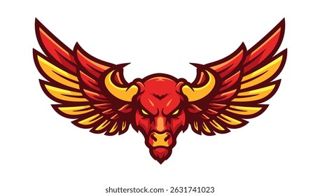 bull head with large wings, red buffalo logo, sports mascot, gaming logotype, illustration