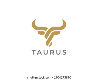 Bull head logo. Abstract stylized cow or bull head with horns icon. Premium logo for steak house, meat restaurant or butchery. Taurus symbol. Vector illustration.