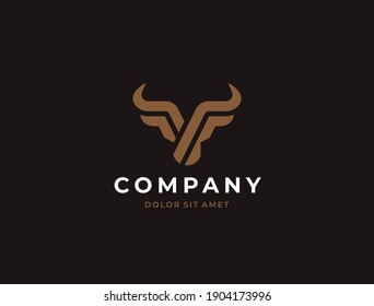 Bull head logo. Abstract stylized cow or bull head with horns icon. Premium logo for steak house, meat restaurant or butchery. Taurus symbol. Vector illustration.
