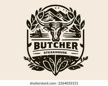 Logo de la cabeza de toro. Resumen estilizado de vaca o de cabeza de toro con icono de cuernos. Logotipo premium para el steak house, el restaurante de carne o la carnicería. Vector