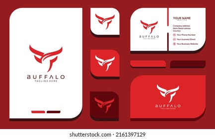Bull head logo and business card. Abstract stylized cow or bull head with horns icon. Premium logo for steak house, meat restaurant or butchery. Taurus symbol. Vector illustration.