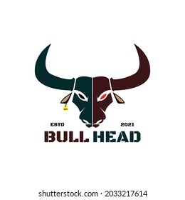 bull head logo. with half different colour and 007 tag earring, logotype illustration. vector