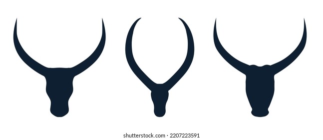  Bull head logo icon vector. Silhouette Bull, cow head with long horn vector logo design