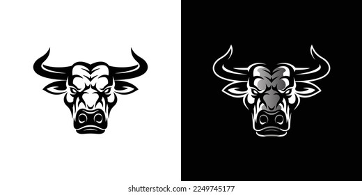 Bull head logo on white and black background vector template. Stylized buffalo mascot design. Animals silhouette illustration