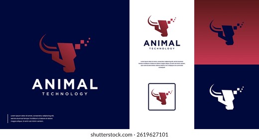 bull head logo with pixel flakes , digital connection network , modern technology , graphic vector illustration.