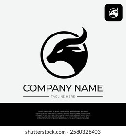 Bull Head Logo Template Design with Circle, Black and White Color