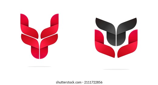 Logo de la cabeza de toro vector o ícono de animal de vaca bisona logotipo negro rojo, idea de cara diabólica, mascota de gradiente moderno geométrico de cuerno de ganado, signo de marca de dragón o taurus, símbolo de moda de lobo y perro