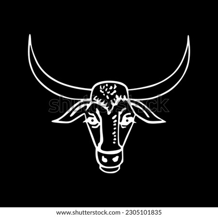 Bull head with long horns vector illustration isolated on black background. Bull symbol. Symbol of Botswana coat of arms.