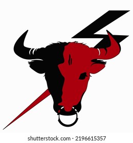 Bull Head Mascot. Buffalo Logo. Vector Graphic Illustration Of A Stylized Bull Head. Front View. Red Bull With Black Shadow, Nose Ring, Piercing.