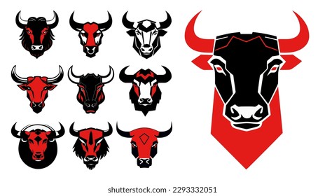 
Bull head mascot collection, black and red, logo set. Vector illustration. 