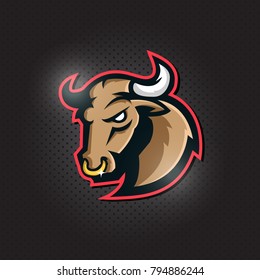 Bull head mascot logo design  for sport team on a dark background 