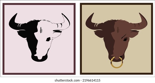 Bull head mascot. Piersing in nose. Silhouette and shadow farm animal head. Ad farm food. Symbol Texas. Mexico tradition with bull.