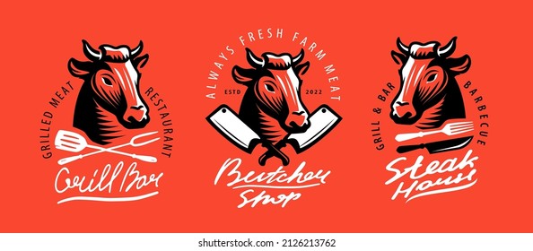 Bull head, meat beef logo. Emblem for farm meat market packaging and barbecue restaurant menu decoration