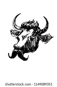 bull head with mustache,hand drawn vector illustration