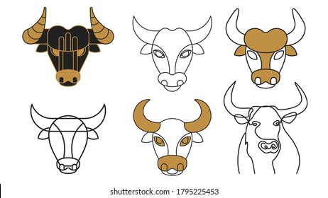 Bull Head outline logo on white background. Zodiac sign ox, cow or bull. Lunar horoscope, calendar. Flat vector illustration.