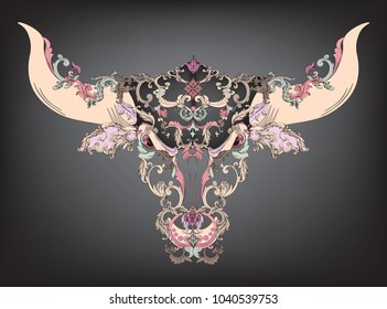 Bull head with pastel  vintage.victorian? leaves on black background  