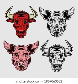 Bull head and pig head cartoon characters. Animals set of vector objects in two styles colored and black and white