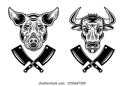 Bull head and pig head vector butchery objects or elements in monochrome style isolated on white background