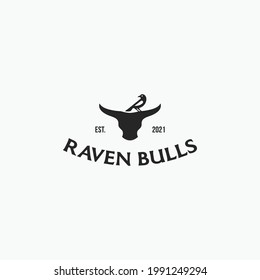 Bull head and Raven simple rustic logo icon sign symbol design concept. Vector illustration