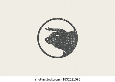 Bull head silhouette with large horns for animal husbandry industry hand drawn stamp vector illustration. Vintage grunge texture emblem for butchery packaging and menu design or label decoration.