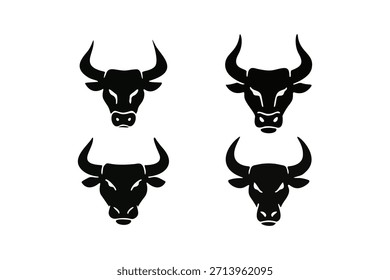 Conjunto de iconos de Vector de silueta de cabeza de toro con cráneos de búfalo y vaca con cuernos, aislados en blanco.