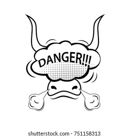 Bull head with speech bubble danger, vector illustration.