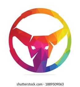 Cabeza de toro en el icono de la rueda de dirección aislada en el fondo blanco. potente diseño de iconos vectores de rueda de coche.