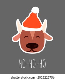 Bull head sticker in red santa hat Christmas celebration vector illustration flat card funny character new year winter concept