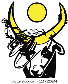 Bull head with the sun disk between its horns. Painted with broad, aggressive black ink brush strokes. Vector illustration isolated on white background. 