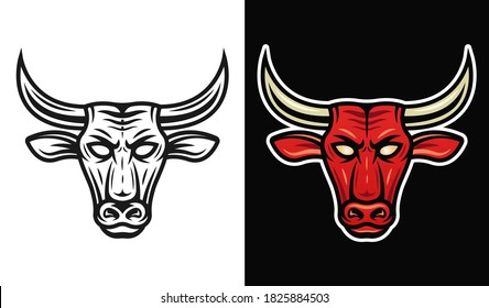 Bull head in two styles black on white and colorful on dark background vector illustration