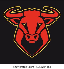 Bull head vector icon. Frontal symmetric image of red bull looking dangerous. Vector mascot.