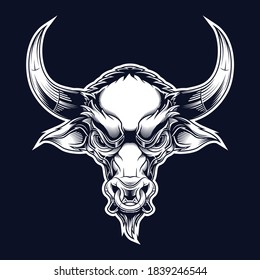 Bull head. Vector illustration in stylish engraving technique of bull head with ring in nose. Isolated on black background.