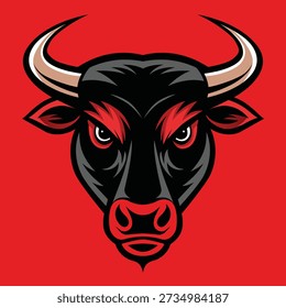 Bull Head Vector Logo Illustration. Powerful Angry Bull Mascot with Horns in Modern Flat Style, Isolated on Red Background